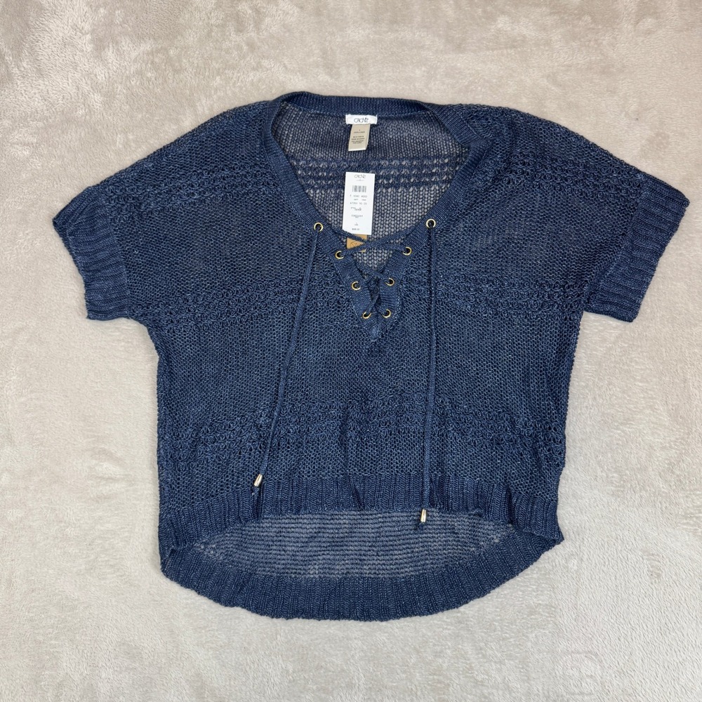 NWT Cache Lace Up‎ Knit Sweater Womens L Blue Linen Open Knit Pullover Beach